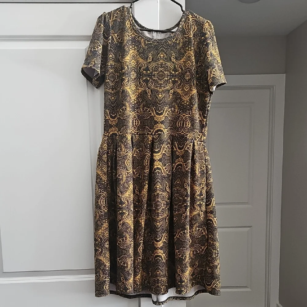 LuLaRoe Amelia Mustard And Navy Design Dress - Picture 1 of 5